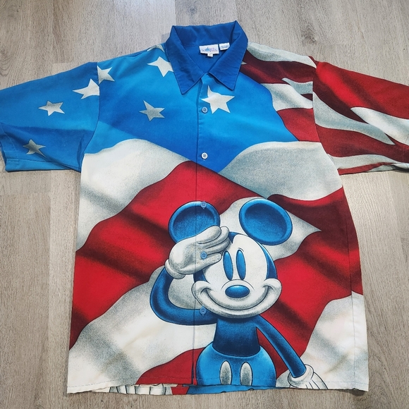 Vintage Disney World Mickey Mouse Salute USA Flag Red/Blue Shirt Men's Large AOP - Picture 1 of 8